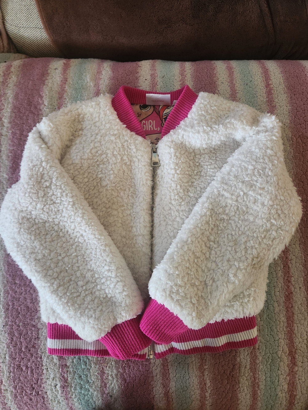 Kids Cream Sherpa Bomber Jacket with Hot Pink Trim